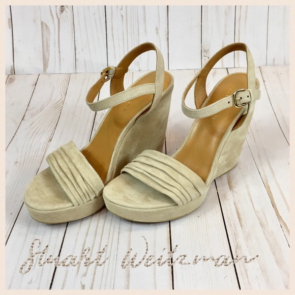 Stuart Weitzman Beige Suede Wedge Sandals Size 9B - Picture 2 of 8